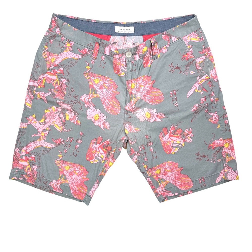 Zara Man Floral Shorts Men's 36 Gray Pink Flat Front Casual Summer